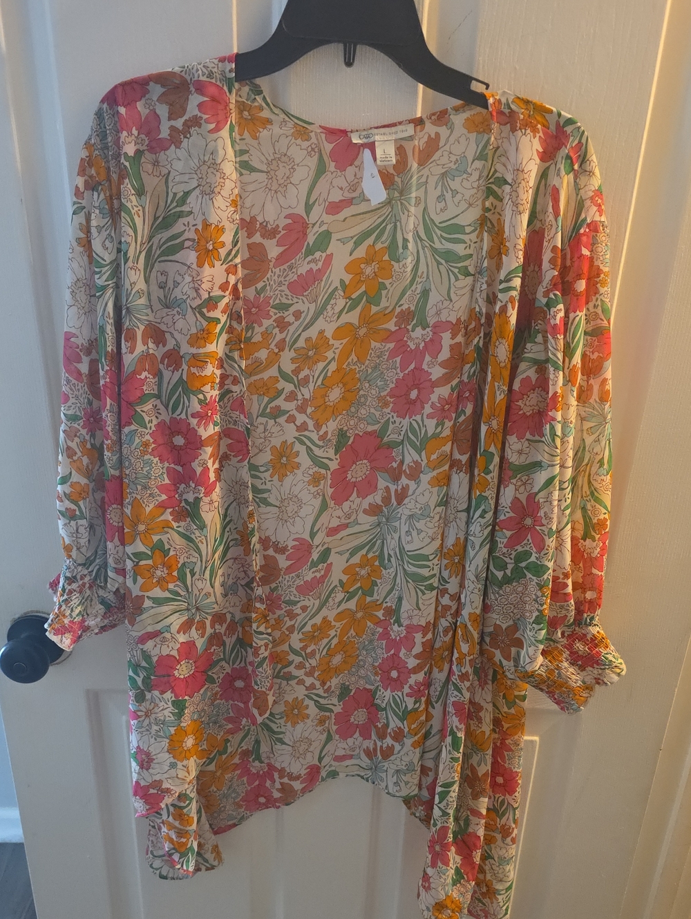 Cato Floral Open-Front Tunic in Pink, Yellow & Green